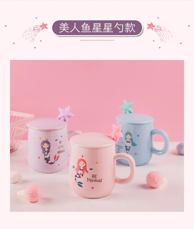 Unicorn Mermaid Coffee Mug with Lid 3D Spoon Ceramic Water Tea Cup Gift for Women Girls Pink 400ml