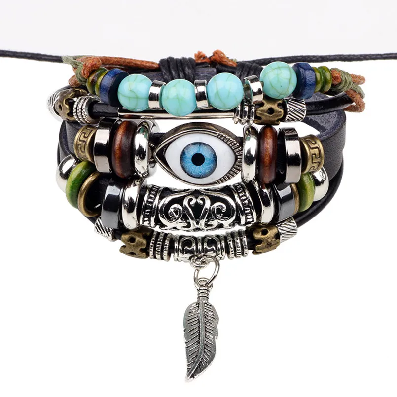 

Bohemia Retro Bracelet for men women Wrap Multilayer Leather Bracelet Beads Feather Evil Eye Charm Bracelets Ethnic Jewelry