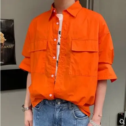 XL! Новая летняя оранжевая Мужская футболка с коротким рукавом, свободная корейская модная красивая куртка - Цвет: jacinth