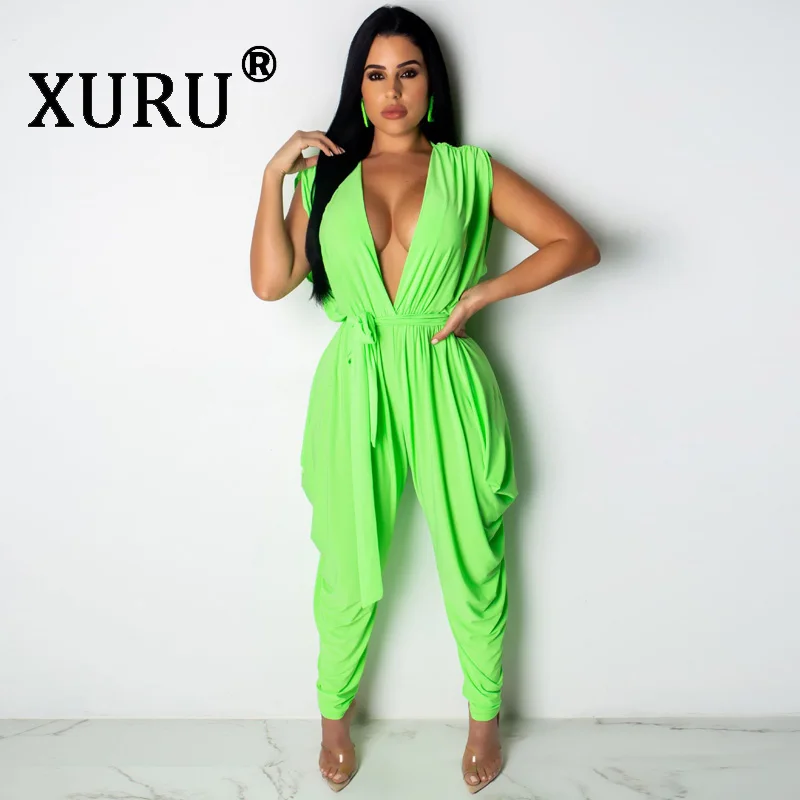 

XURU summer new best women's solid color casual loose jumpsuit sleeveless green jumpsuit with belt