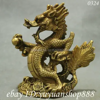 

12CM Folk Chinese Brass Auspicious Coin Myth Zodiac Year Flying Dragon Statue