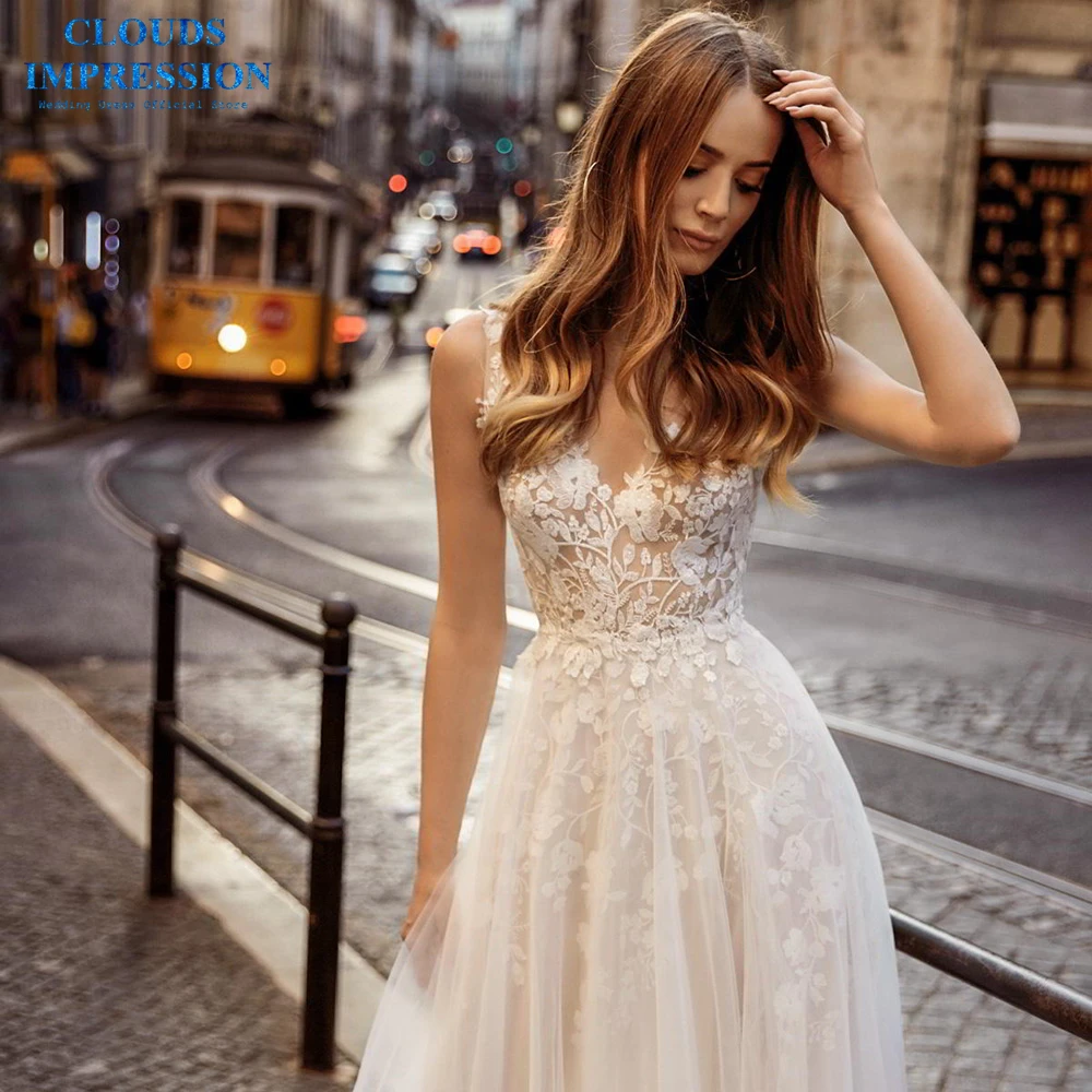 

CLOUDS IMPRESSION Lace 2019 Beach BOHO Wedding Dress A Line Sexy Vestige De Noiva Sweep Train White Bridal Gown