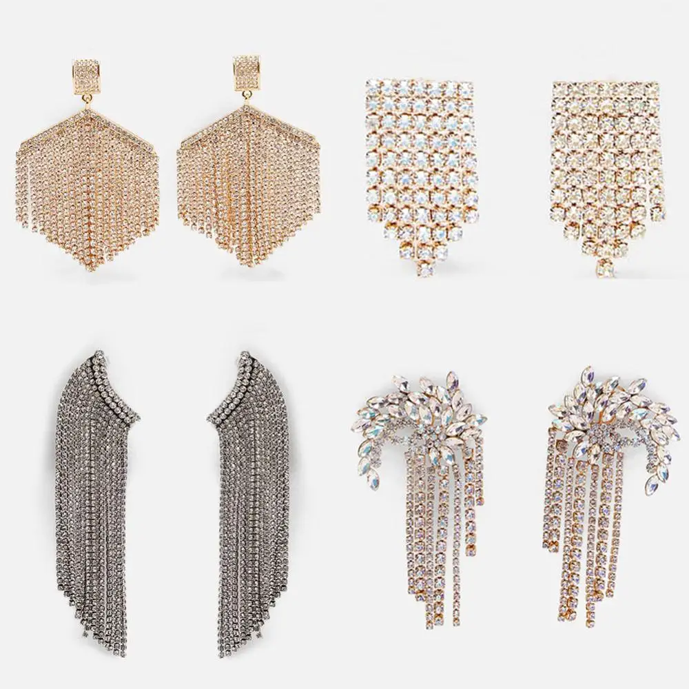 

Girlgo Korean Fashion ZA Fringed Tassel Earrings for Women Trendy Elegant Crystal Bling Drop Earrings Jewelry Wedding Party Gift
