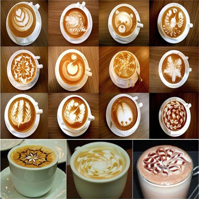 

16 Pcs/set Coffee Drawing Cappuccino Mold Fancy Natie Printing Model Coffee Foam Spray Cake Stencils Powdered Sugar Sieve Tools