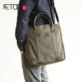 

AETOO Men's leather with canvas handbags simple large capacity tot bag men's bag Europe and the European Section