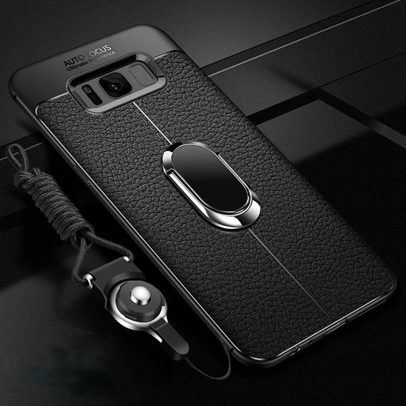 

Coque Magnetic Car Holder Ring Holder Soft Leather Case For Samsung Galaxy s8 s9 Plus Note 8 9 S6 S7 Edge Case With Strap