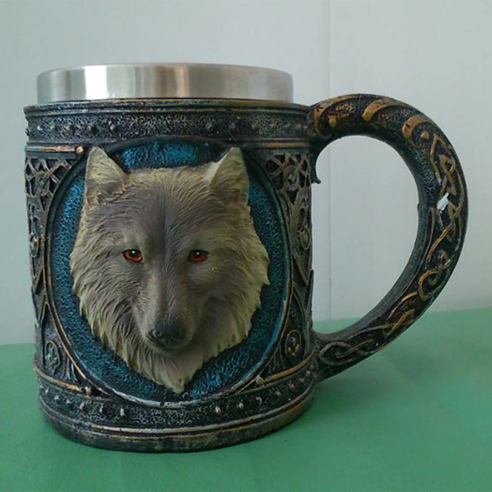 3D Wolf Mug Cartoon Animal Lone Wolf King Drinking Cup Retro Resin Stainless