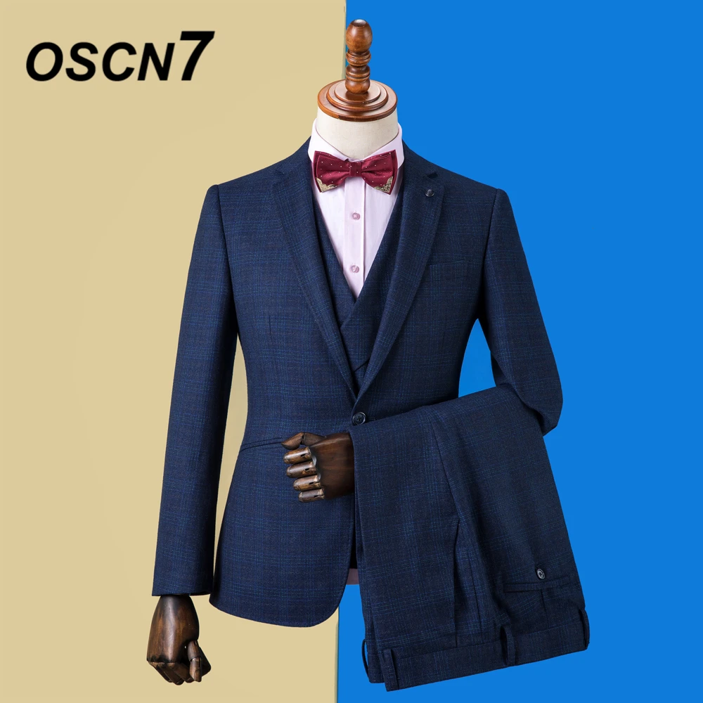 

OSCN7 2019 Plaid Custom Made Suits Men Slim Fit Wedding Party Mens Tailor Made Suit Fashion 3 Piece Blazer Pants Vest DM-027