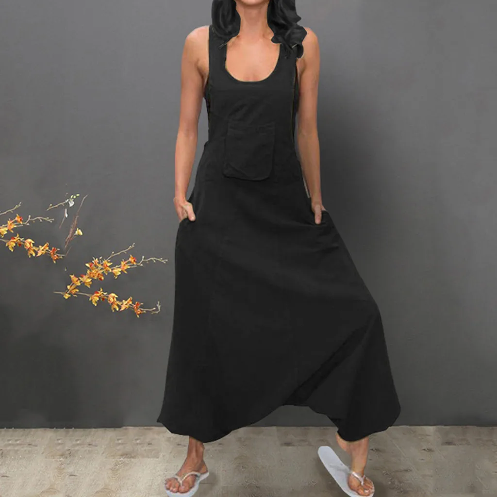 cotton and linen casual style suspender pocket jumpsuit