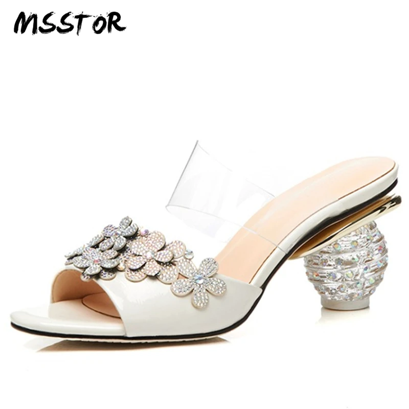 MSSTOR Crystal Appliques Summer Slippers White Genuine Leather Fashion Casual Women Shoes High Heel Peep Toe Slippers Women MSSTOR Crystal Appliques Summer Slippers White Genuine Leather Fashion Casual Women Shoes High Heel Peep Toe Slippers Women