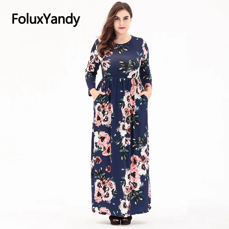 

Long Sleeve Bohemian Dress Women O-neck Ankle-length Vestidos Plus Size Slim A-line Floral Print Long Dress SQQ1917