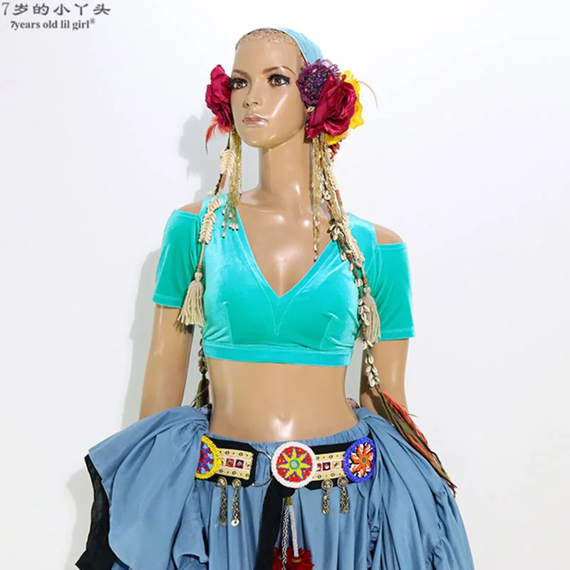 

Belly Dance Velvet Fat Chance Tribal Choli Belly Dance Costume Short Drop Sleeve Top CJJ12