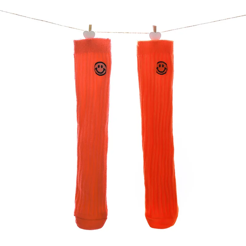 Модные осенние длинные носки без пятки для маленьких девочек; милые хлопковые носки флуоресцентного цвета со смайликом для взрослых; детские носки для девочек - Цвет: orange