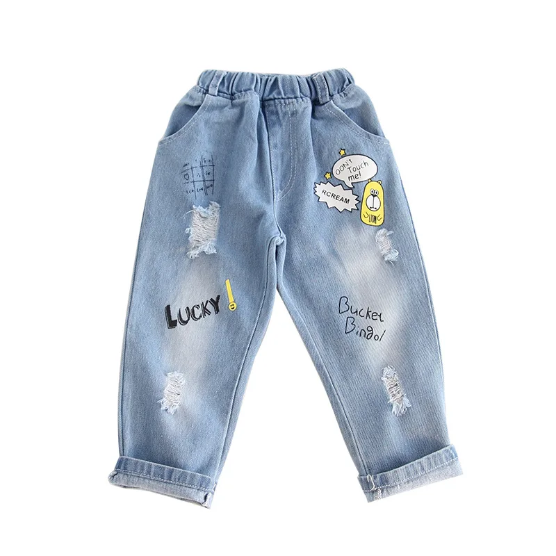 

Spring and Autumn Children's Wear Boy and Girl Bear Print Fresh Casual Pants Trendy Wild Fashion hole Cowboy Joker Pants