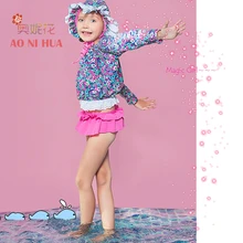 AONIHUA/для детей от 2 до 12 лет, 4 предмета, кружевной купальник с большим бантом для девочек, г., комплект бикини с цветочным принтом, детский дизайнерский купальный костюм с длинными рукавами