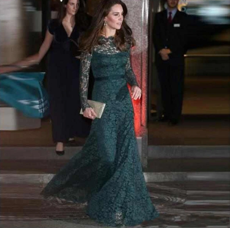 Formal Elegant Evening Gowns Dark Green Lace Long Sleeves Special
