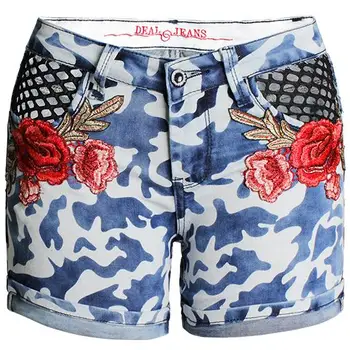 

2018 Summer women's flower embroidered shorts washed jeans camouflage net patchwork hole shorts plus size