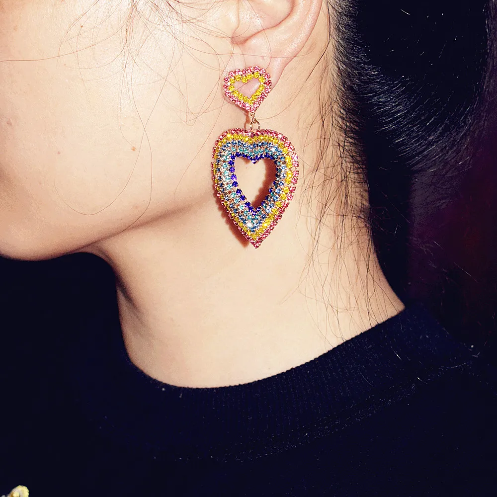 

High Quality Multicolor Rhinestone Heart Pendant Dangle Earrings For Women Jewelry Fashion Statement Earrings Accessories