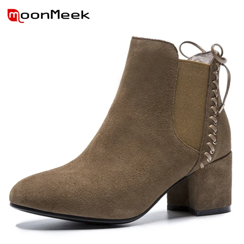 

MoonMeek hot sale 2020 ladies pointed toe ankle boots women autumn winter boots high heel lace up cow suede leather boots
