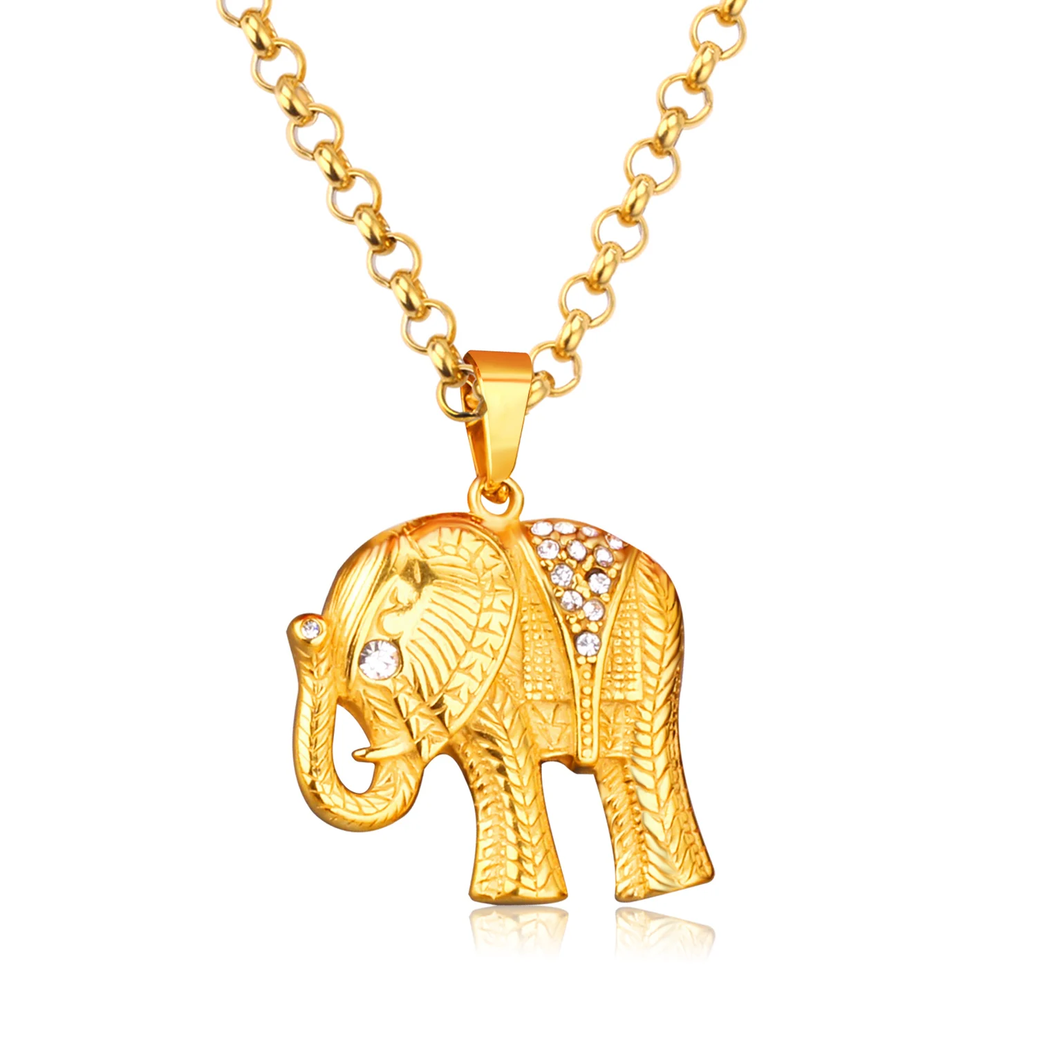 Lucky Jewelry Gold Thailand Elephant Necklace Trendy Rhinestone Crystal