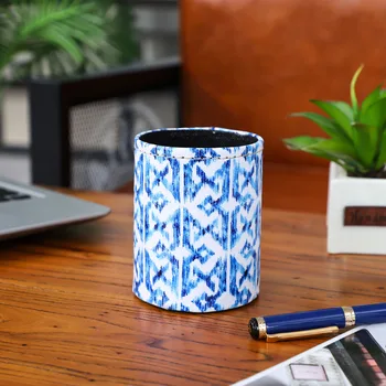 

LINKWELL Blue Geometric Ikat Pattern PU leather Pencil Cup Pen Holder Desk Organizer Storage Box Case