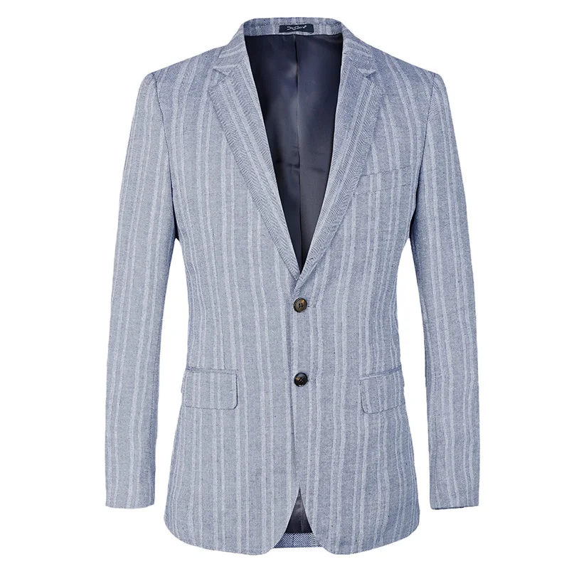 Полосатый Мужской приталенный Блейзер пиджак для свадьбы 2 кнопки французский стиль хлопок лен синий мужской Блейзер костюм Homme