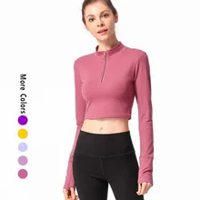 С длинным рукавом тощий Йога футболка Середины Спины половина на молнии Спортивная футболка с открытым вырезом Фитнес футболка с длинными рукавами