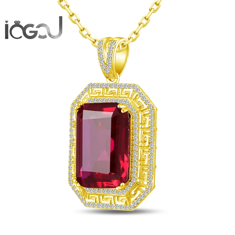 

IOGOU Popular Rectangle Cut Yellow Gold Color 925 Sterling Silver Red Sona Simulated HipHop Pendants Jewelry Gifts 16.5x23.5mm