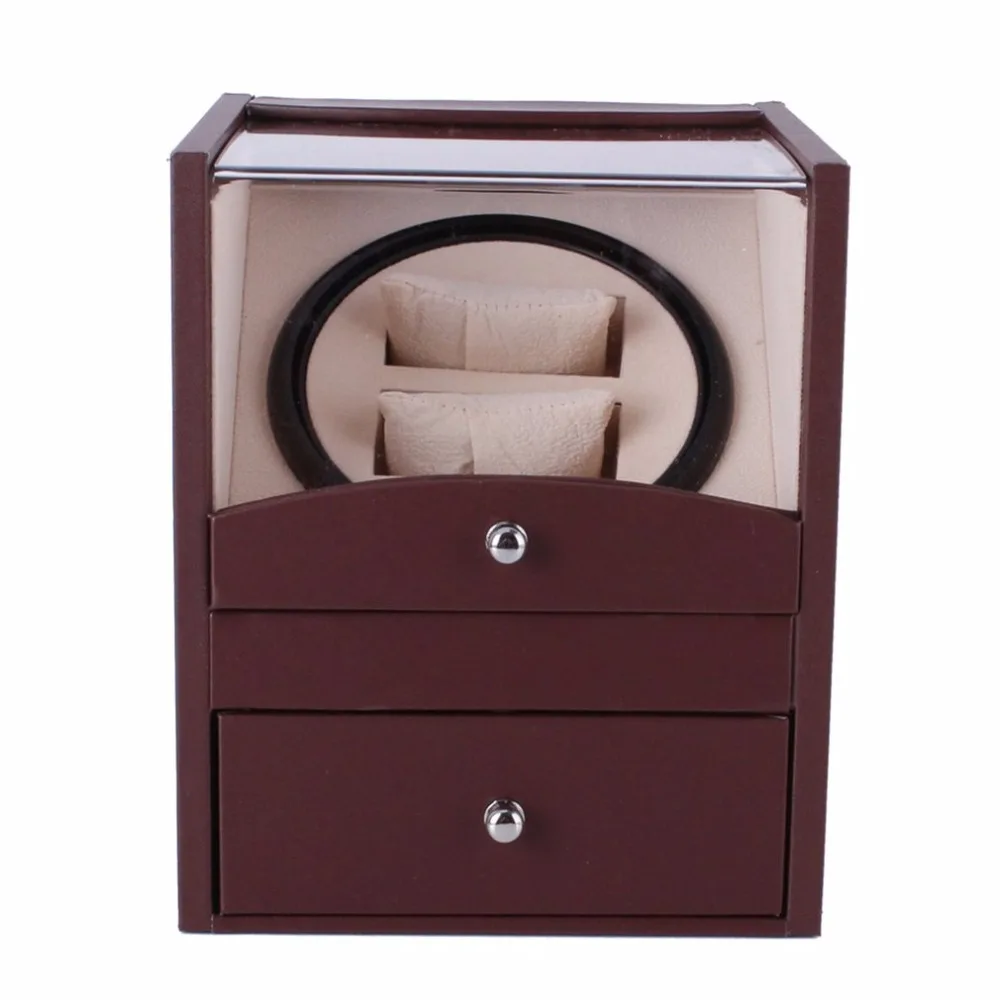 

2 Grids Auto Rotation watch Winder Casket Watch Box With Drawer Brown Transparent Cover Cuboid Shape Wristwatch Box