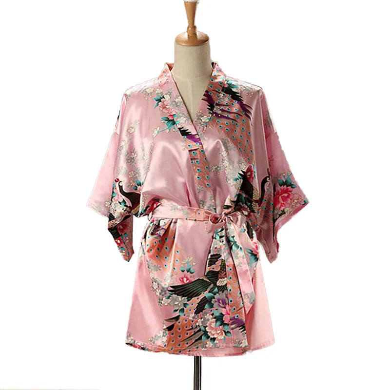 5-Lace-Up-Woman-Peacock-Print-Japanese-Kimono-Yukata-Silk-Satin-Short-Style-Sleepwear-Home-Nightgown-Bath