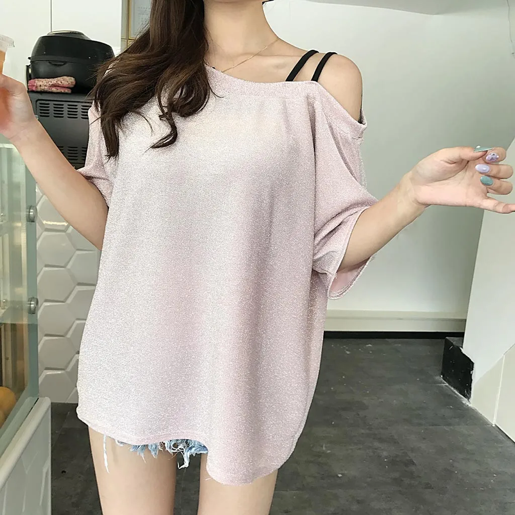 Women Blouse 2019 Summer Women's Shining Shining Top Short Sleeve T-Shirt With Short Shoulders