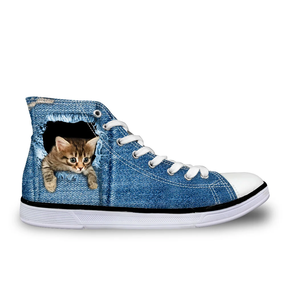 

Customized 2019 Hot Women's High Top Vulcanize Shoes Cute 3D Animal Cat Denim Printed Classic Woman Casual Lace-up Canvas Shoes