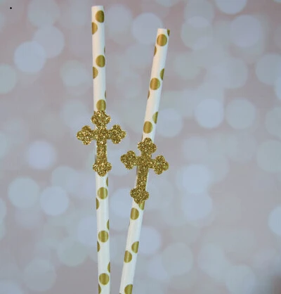 

Dot Glitter Cross Party Straws - Baptism Party Drinking Straws - First Communion Christening wedding baby shower birthday decor