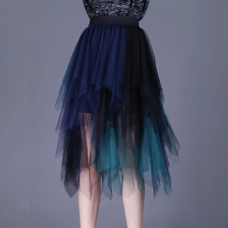 Multi-Layered Colored Mesh Patchwork High Low Long Skirts Summer High Waist Irregular Puffy Tulle Calf Long Pleated Skirt