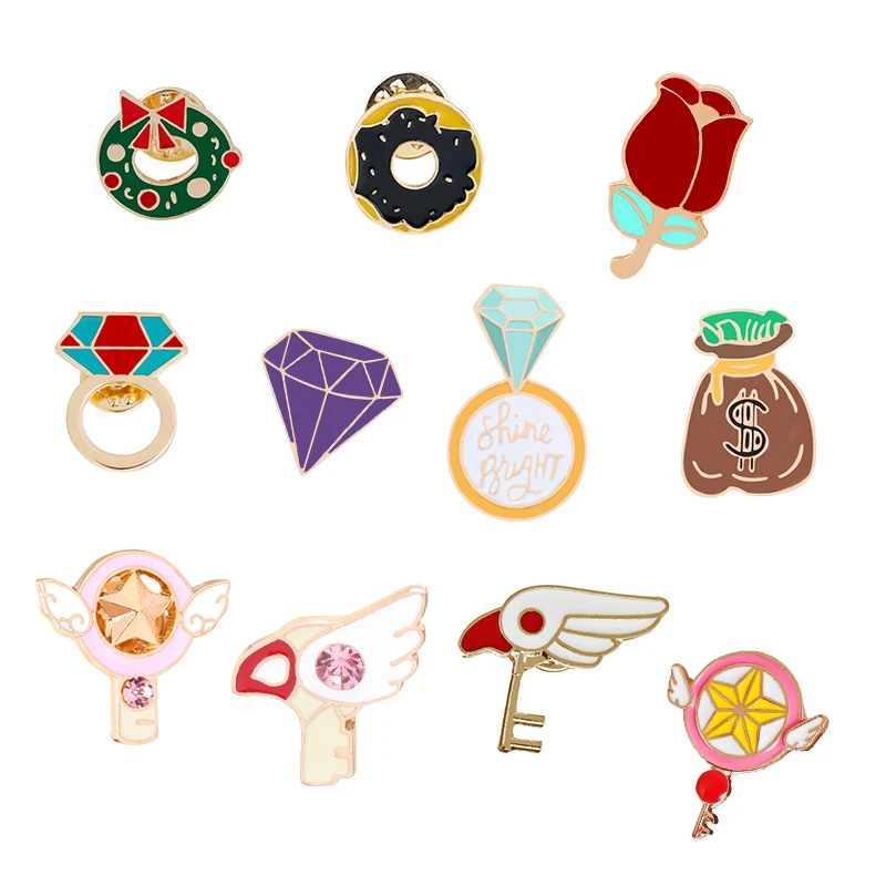 

Anime Badges Magical Girl Brooches For Women Donut Rose Shine Bright Star Wand Key Lapel Pins Fashion Backpack Collect Girl Gift