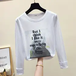 2019 Весенняя Новая женская футболка с длинным рукавом белая бамбуковая хлопковая рубашка для девочек дамская модная футболка с принтом