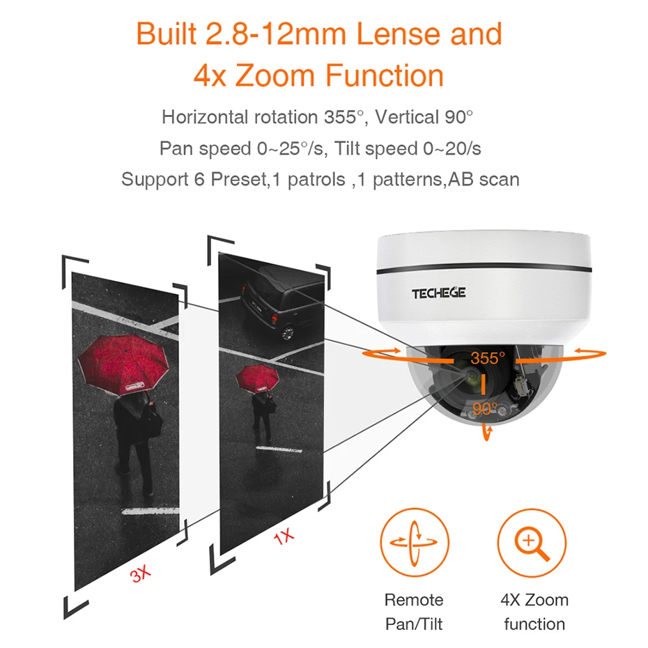 Techege HD 2MP PTZ IP CCTV камера безопасности POE 48 в мини панорамирование/наклон/зум 4X оптический зум скорость купольная камера слежения PTZ с поддержкой протокола ONVIF RTSP