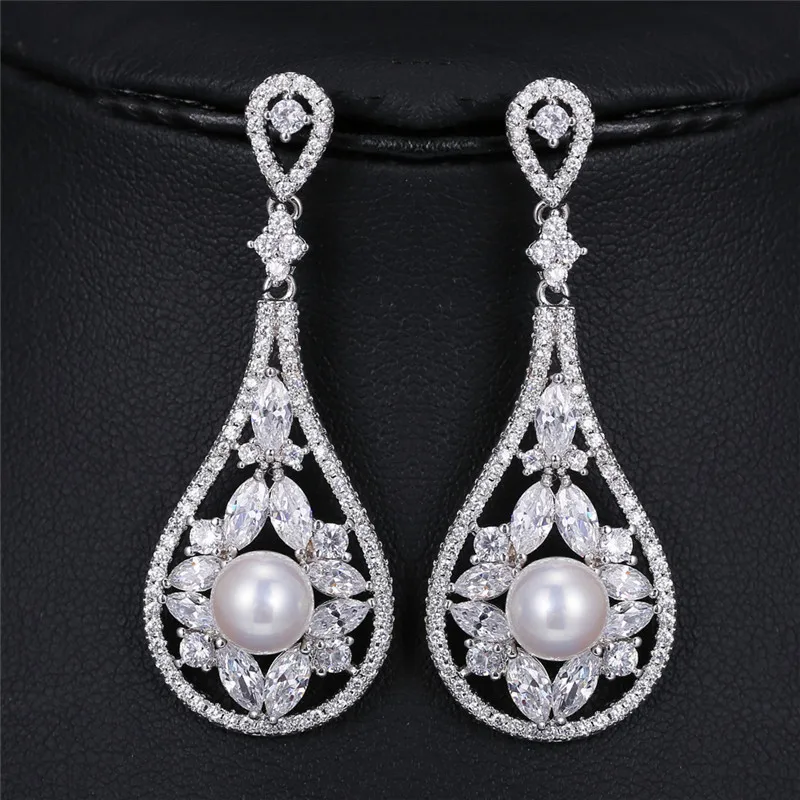 

wedding Shining Cubic Zirconia ear clips Pearl shell on long earrings mosaic Big Pearl earrings with stones Fashion Jewelry