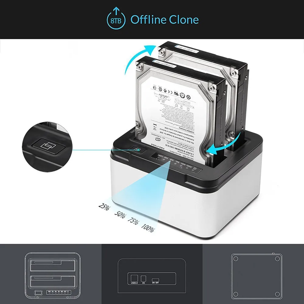Алюминиевый двойной отсек USB 3,0 на SATA внешний жесткий диск Док-станция с функцией офлайн клон для 2,5 дюймов 3,5 дюймов HDD SSD