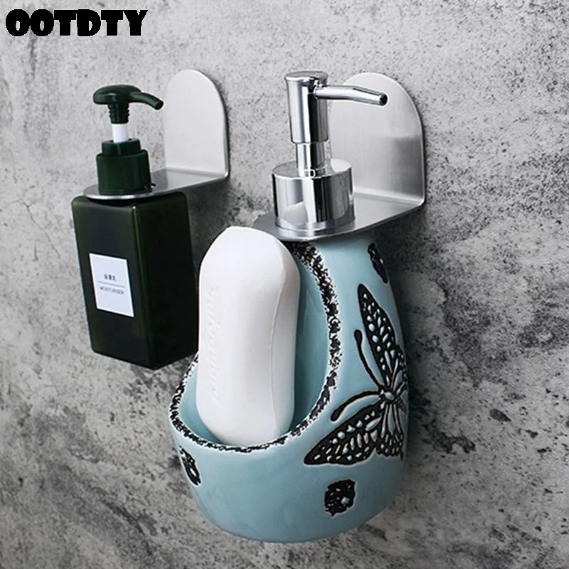 

Stainless Steel Wall Mount Soap Shower Gel Dispenser Bottle Holder Hook Hanging Hanger Rack Bathroom Kitchen Organizer No Drill
