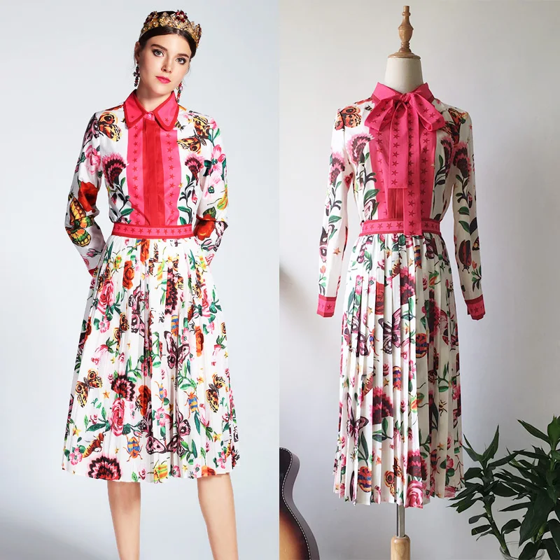 

Classic Designing Hot Selling Women Prairie Chic Skirt Suits Bow Blouse Pleated Skirt Flower Animal Printing Sweet Twin Set