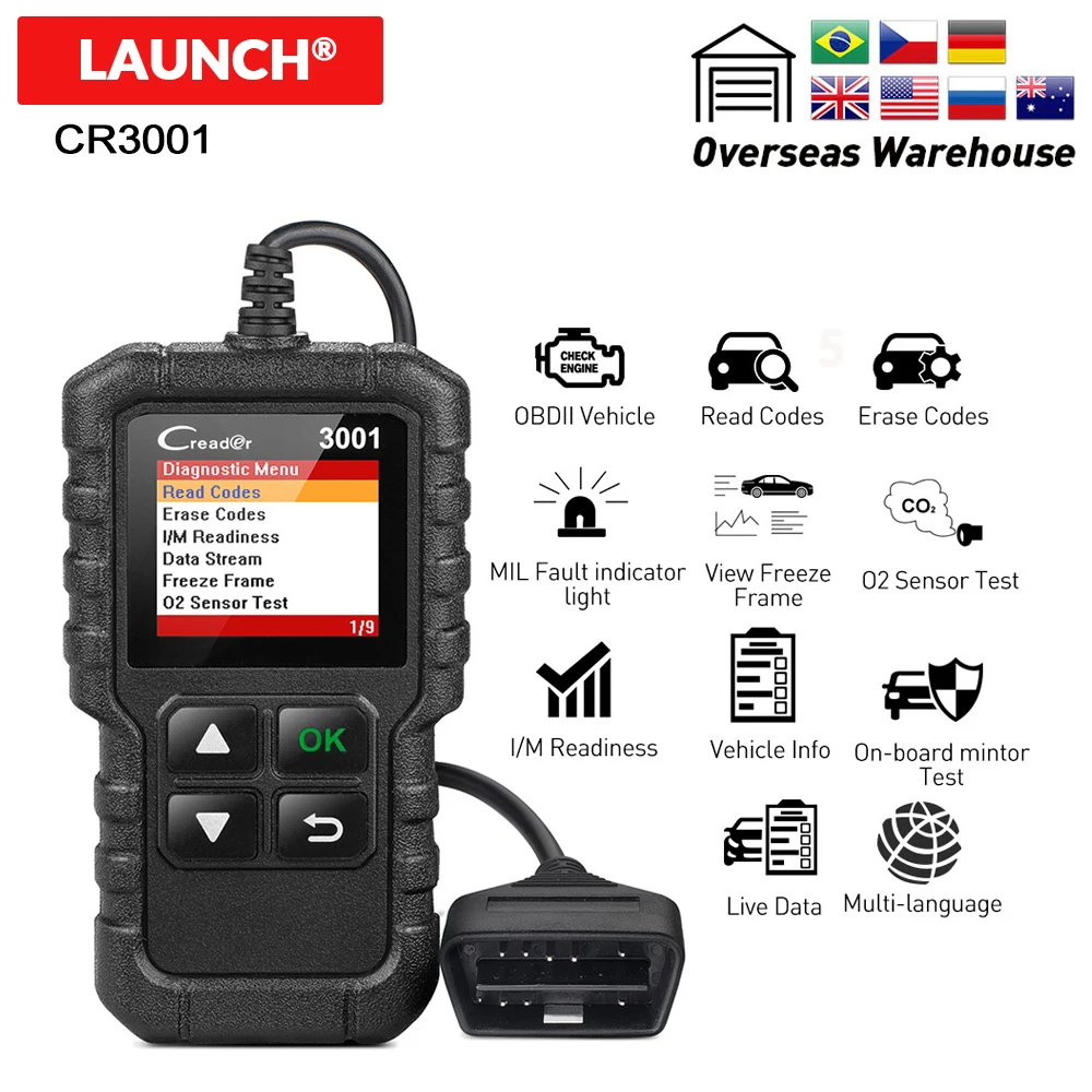 LAUNCH X431 Creader 3001 полный OBD2 OBDII считыватель кодов сканирующие инструменты CR3001 Автомобильная диагностика obd-ii инструмент PK AD310 ELM327 OM123 сканер