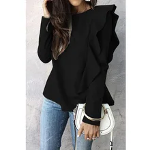 Женский пуловер, осенняя Повседневная модная Толстовка с длинным рукавом и оборкой по краю, однотонные Простые Топы, толстовки, женская трикотажная одежда