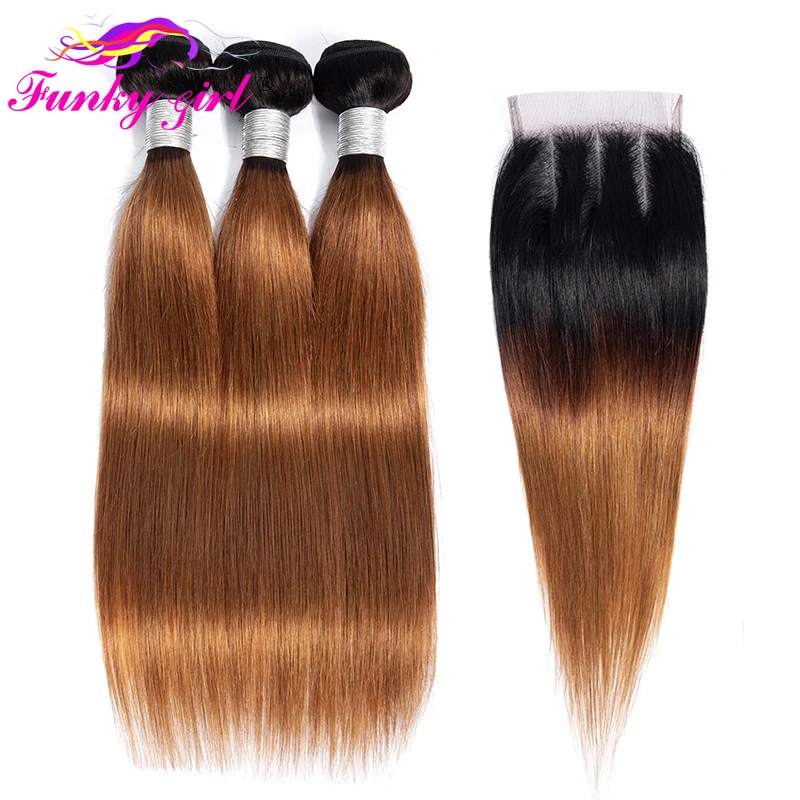 

Funky Girl Brazilian Straight Human Hair Weave Bundles With 4*4 Lace Closure T1B/30 Non Remy Ombre Hair Bundles With Closure
