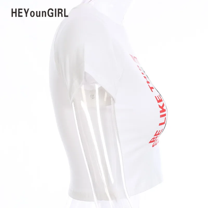 HEYounGIRL White Casual Fashion Womens T-shirt Bodycon Skinny Cropped Tops Tee Print Short T Shirt Female O-neck Cotton Top