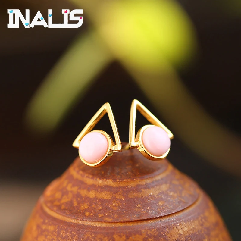 

INALIS New Delicate 925 Sterling Silver Stud Earrings Triangle Gold Plated Fine Jewelry Natural Pink Queen Shell Geometry Brincs