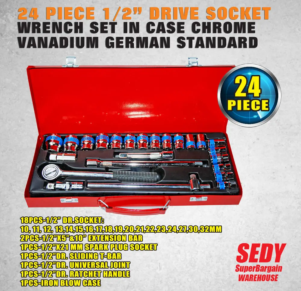 

24 PIECE 1/2" DRIVE SOCKET WRENCH SET IN CASE CHROME VANADIUM GERMAN STANDARD