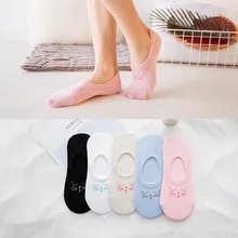 Женские хлопковые однотонные носки с кошачьим лицом, женские носки-лодочки, невидимый силикон гелевые тапочки для сна, 1 пара = 2 шт., ws119