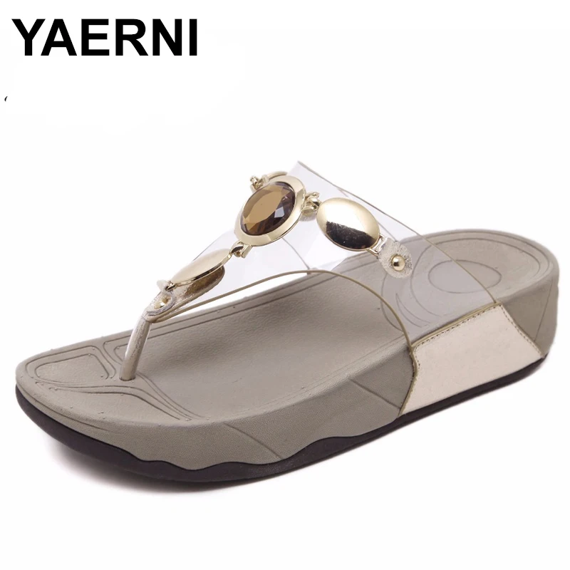 

YAERNI new women summer Comfortable Breathable Flat sandals shoes woman Transparent Crystal casual beach sandals size 35-40