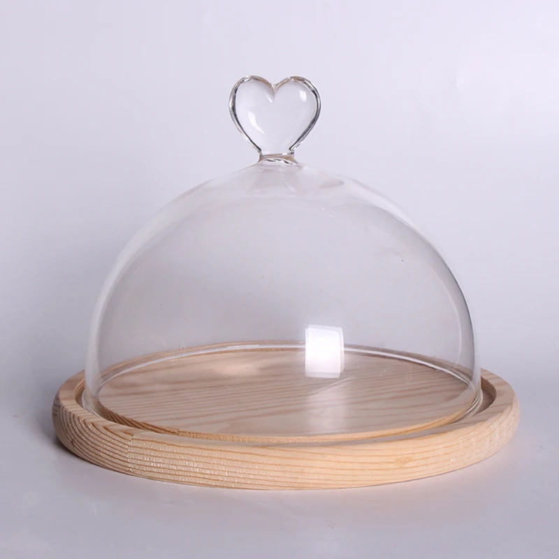 

Glass dome bell jar display case Cloche with Wood Base Heart Handle Dry Flower Ornaments Handmade Craft